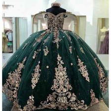 Emerald Green Off Shoulder Crystal Quinceanera Dresses Ball Gown Appliques Lace