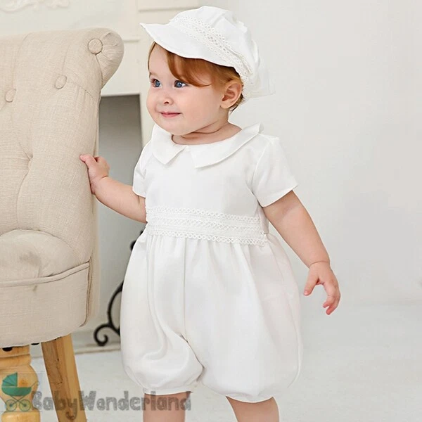 Baby Boy 2Pcs White Satin Christening Baptism Formal Jumpsuit Hat