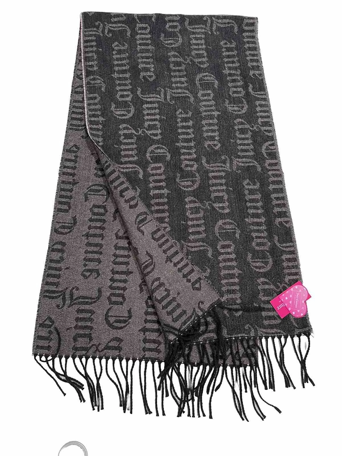 Juicy Couture Blanket Scarf W/Fringe JC Print Gray/Pink 72"x 20" - NWT