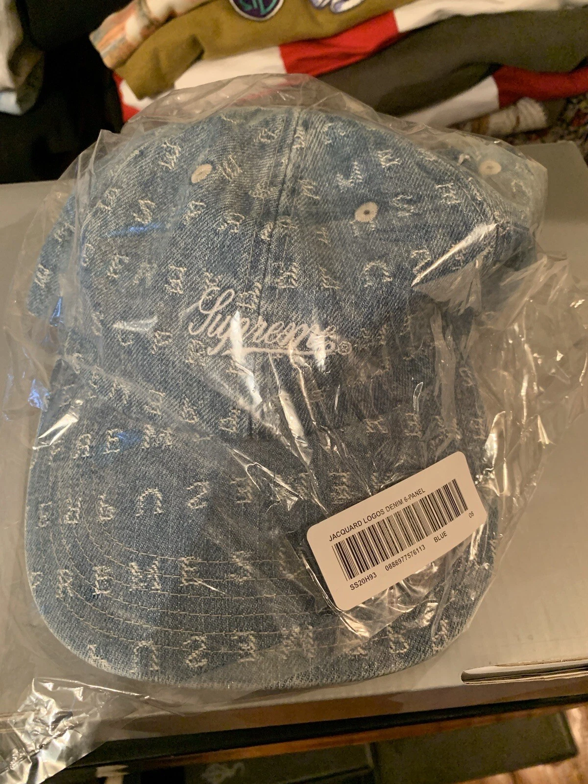 Chapeau casquette bleu SS20 Supreme Jacquard Logos Denim 6 panneaux