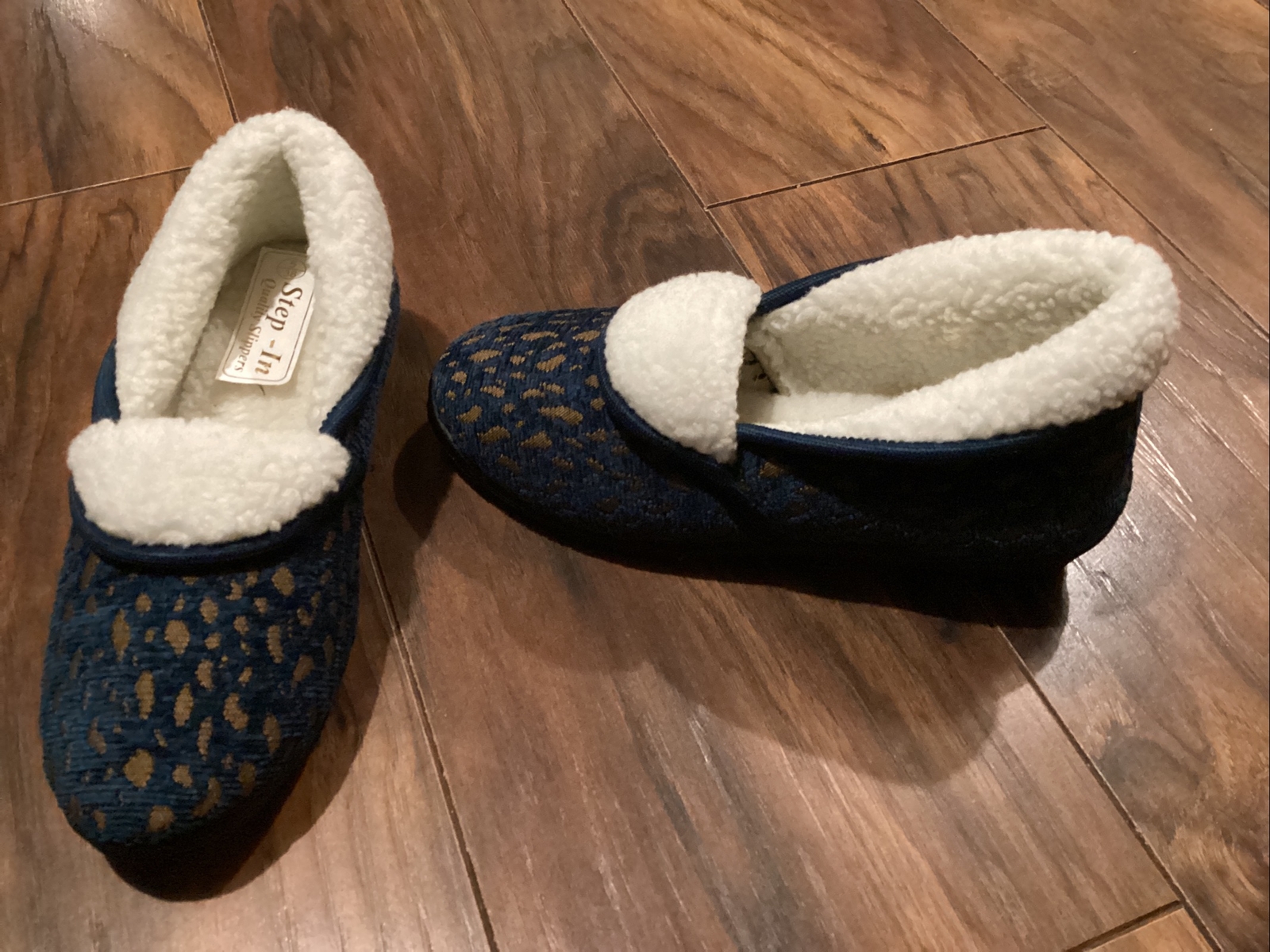 PANTOFOLA D’ORO Step In Ladies Tapestry Style Fabric & Faux Fur Slippers Blue & G Size 5 New