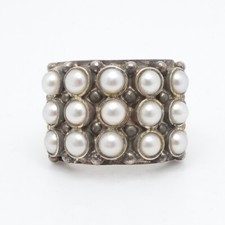 Sterling Silver Three Row Round White Pearl Ring Size 6