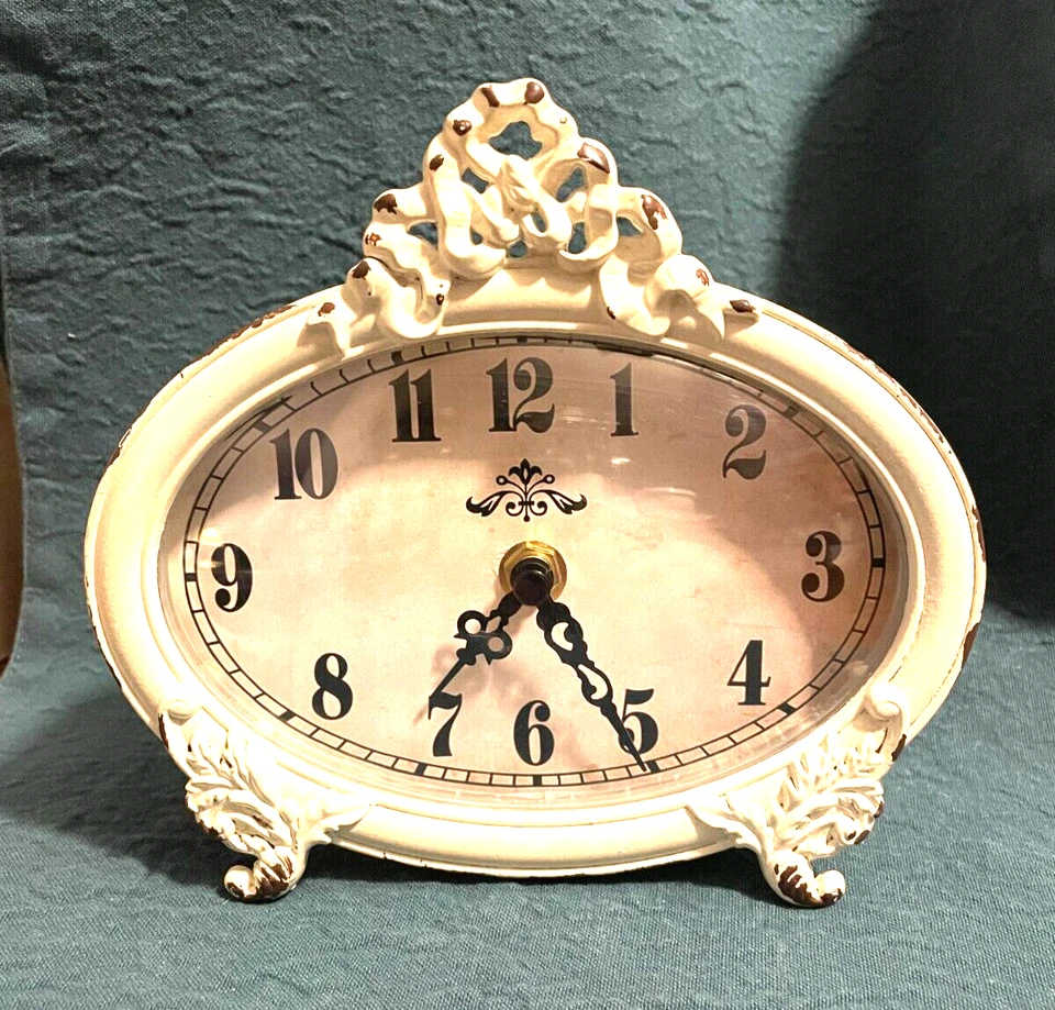 French Country Shabby Chic White Pewter Table Clock Decor - Image 2 of 4