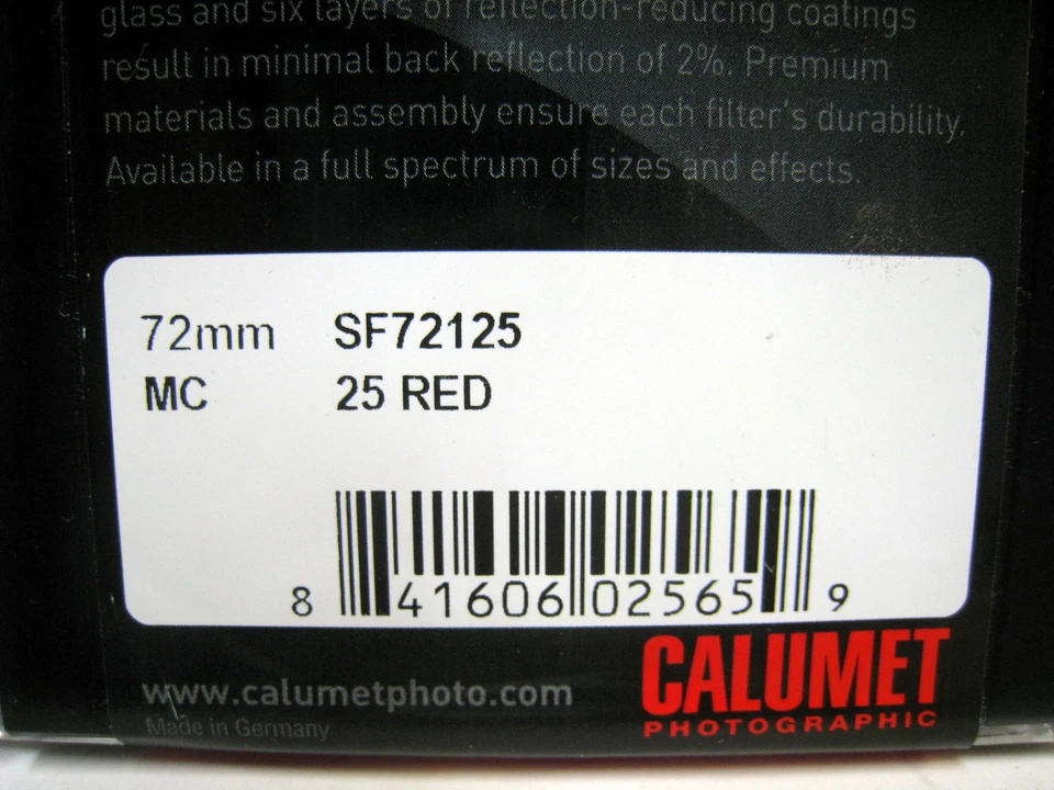 New Calumet 72mm 25 Red Round Multi-Coated Glass Filter # SF72125 - Image 2 of 3