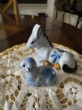 Vintage  Mexican Folk Art Pottery Ceramic Tonala Style Blue Donkey and Lamb