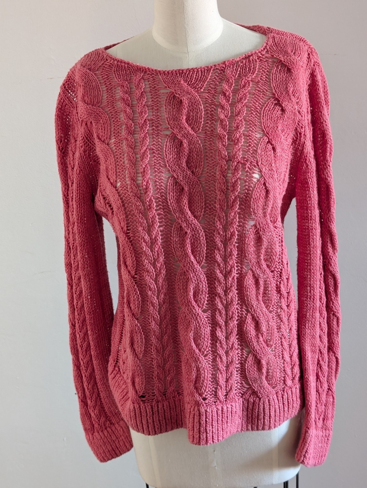 Garnet Hill  Open Cable Sweater Linen Cotton  Knit Pullover Pink/Rose Medium