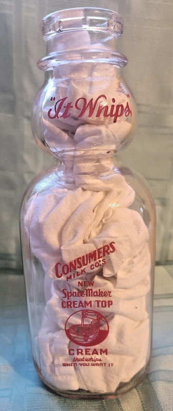Vintage Consumers Milk Co.  Cream Top Milk Quart Bottle It Whips