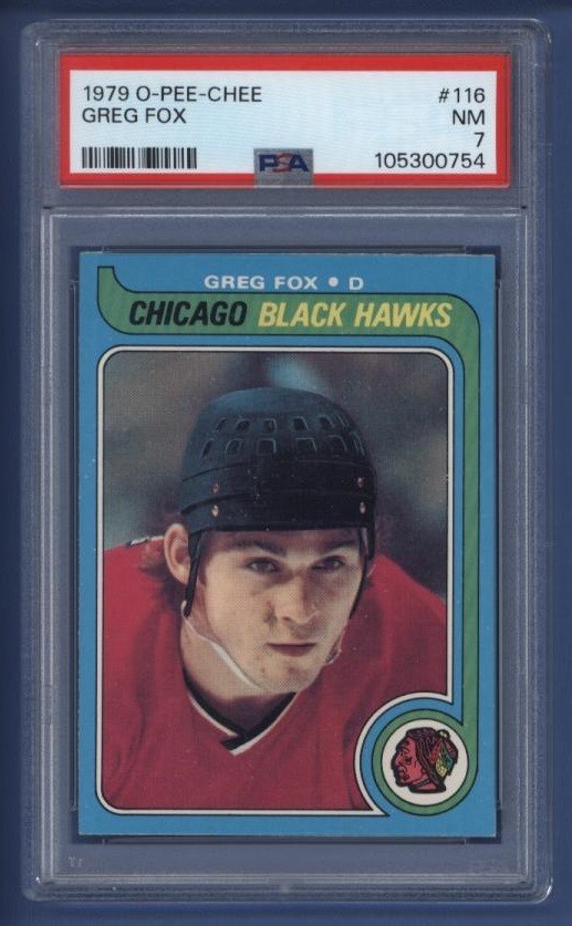 1979-80 OPC O-Pee-Chee #116 GREG FOX (rc) PSA 7 NM Chicago Blackhawks *ROOKIE*