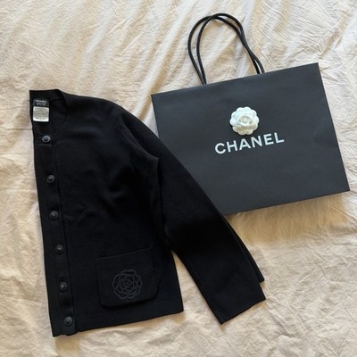 Vintage CHANEL Black Lana Wool Cotton Cardigan w Embroidered Logo Camellia XL
