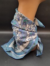 Pretty Vkntage Blue Paisley 23" Square Scarf Japan Made, Hand Rolled Hem 