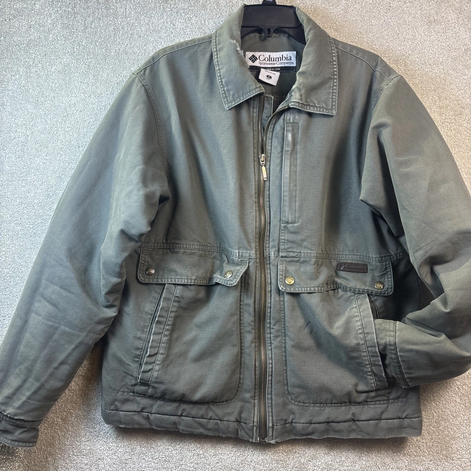 Chaqueta Columbia De Colección Hombres MED Verde Ejército Lona Grunge Desteñida Tareas Ropa de Trabajo Foto 2 de 4