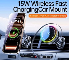 15W Fast Wireless Charging Magnetic Car Mount with Type-C Port  Breathing LED f