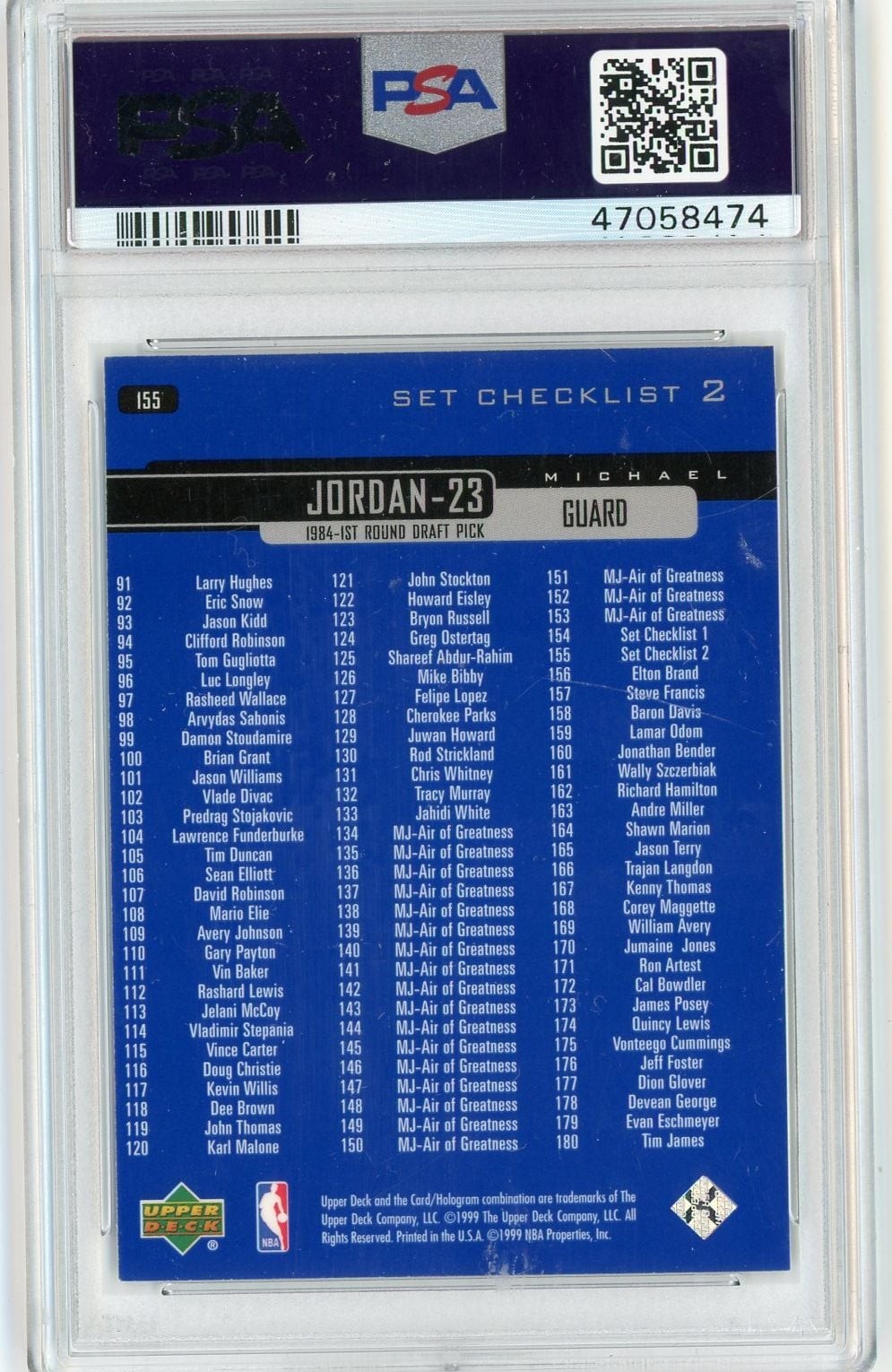 Graded 1999 Upper Deck Michael Jordan #155 Checklist Basketball Card PSA 10 view 2