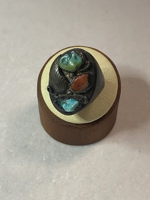 HUGE & ChUnKy Navajo Feathered Coral & Turquoise Sterling Ring Sz 11 -29.7 Grams