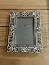 Ornate Ivory  Pearl Crystal Silver Filigree Photo Frame Wedding Formal 3x5 Photo