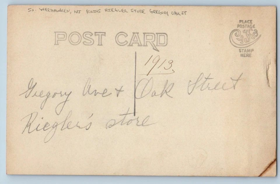 1913 Weehawken NJ Ruins Riegler Store Gregory Oak Street RPPC Photo Postcard - Image 2 of 2
