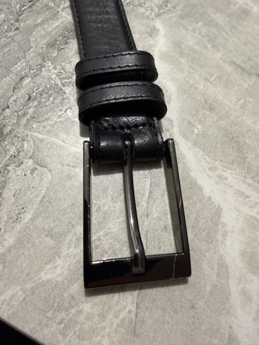M&S Mens Black Genuine Leather Belt 34-36” Silver Buckle Marks & Spencer