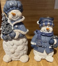 Vintage 2 Frosty Snow Snowman Candle Holder holding Resin Tree Blue White Nice