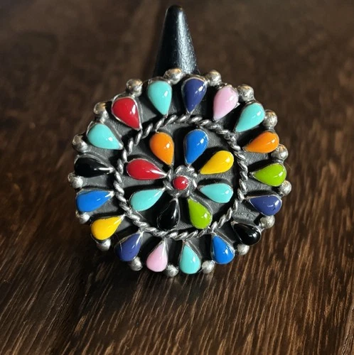 Vintage V Mexico Sterling Silver Champlevé Resin Statement Sz 9 Ring 16g