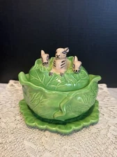 Vintage Holland Mold Cabbage Leaf Bowl w/ Underplate & Bunny Rabbits Lid