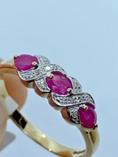 9ct Yellow Gold Triple Ruby Gemstone and Diamond Ring, Sizes J to Q  (294)