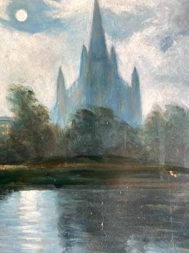 ::ÖLGEMÄLDE 1948 VOLLMOND KIRCHE AM SEE UFER WASSER °H. NATKA MÜNCHEN SIGNIERT - Picture 3 of 6