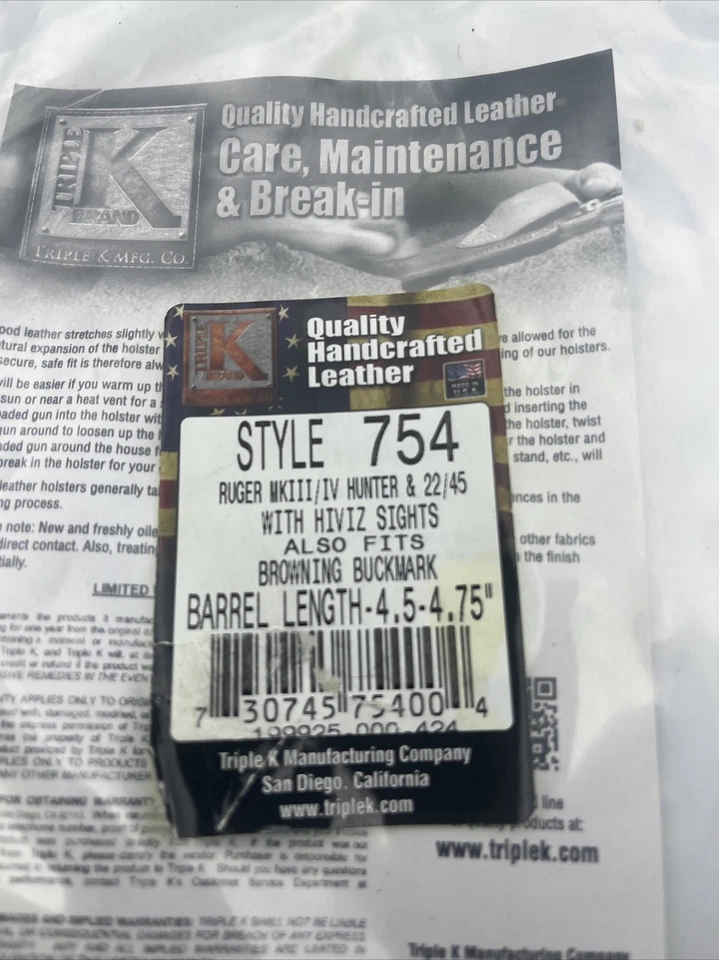 Holster Leather Ruger MKIII /IV Hunter 22/45 Browning Buckmark TripleK 754 4-5/8 - Image 4 of 4