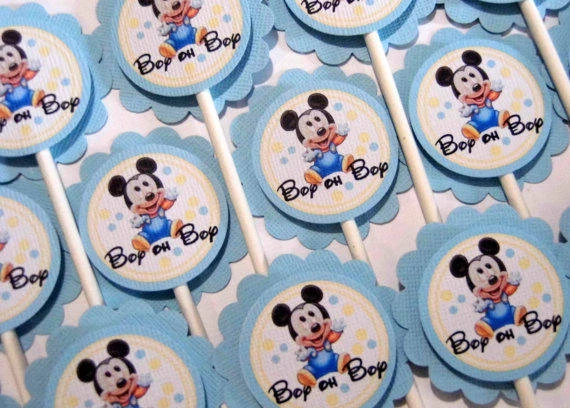 12 Baby Mickey Mouse Baby Shower, Toppers para Cupcakes Primer Cumpleaños, Niño oh Niño Foto 2 de 3