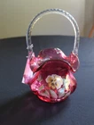 Fenton Cranberry Glass Artist Signed S. Hopkins HP Pansies Pansy Basket 8" - NEW