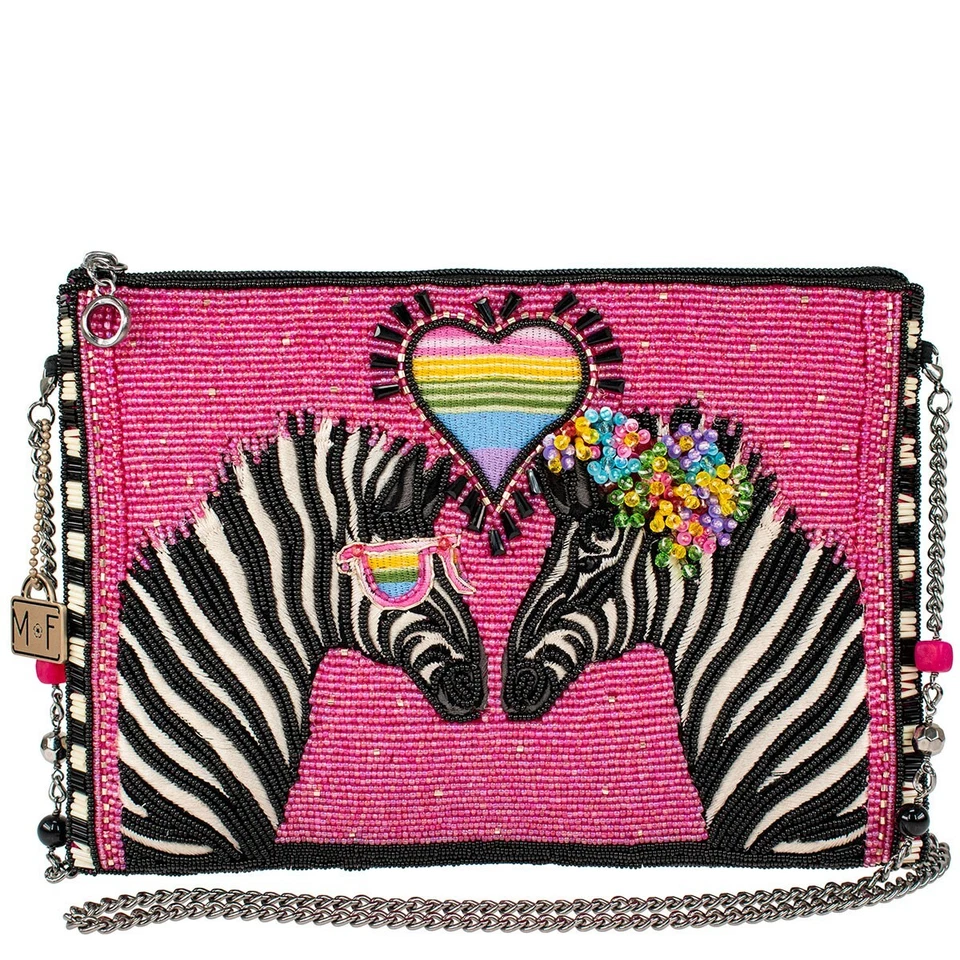 Mary Frances Smitten Beaded Zebra Love Crossbody Handbag Zip Pink Bag Purse NEW