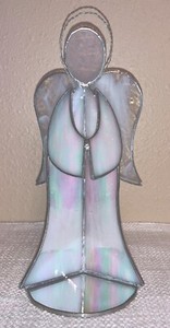 Vtg Stained Glass Praying Angel Handmade Free Standing 10" Iridescent Wings