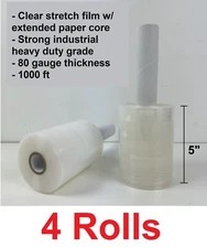 4 Rolls 5"x1000', Heavy Duty 80gauge plastic stretch wrap film with paper handle