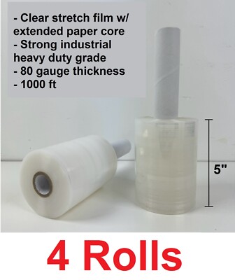 4 Rolls 5''x1000' Heavy Duty 80ga mini stretch plastic wrap film w/ paper handle