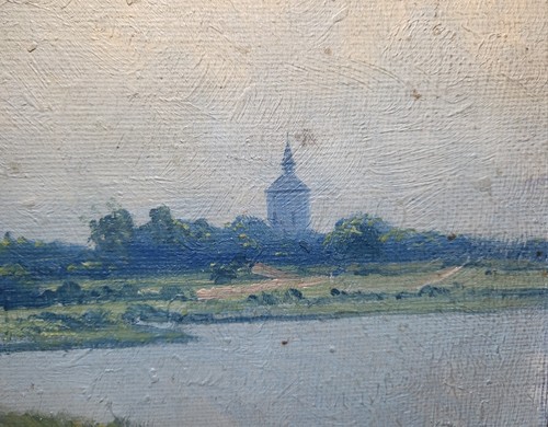 Vintage Original Oil on Board Painting Riverside Landscape Village Sz 33x27cm - Picture 18 of 24