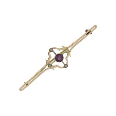 Gebrauchte Vintage Stabbrosche 9 kt Rotgold Amethyst und Saatperlen