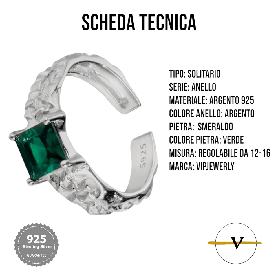 ANELLO DONNA ARGENTO 925 SOLITARIO PIETRA SMERALDO VERDE RETTANGOLARE ViP - Immagine 3 di 4