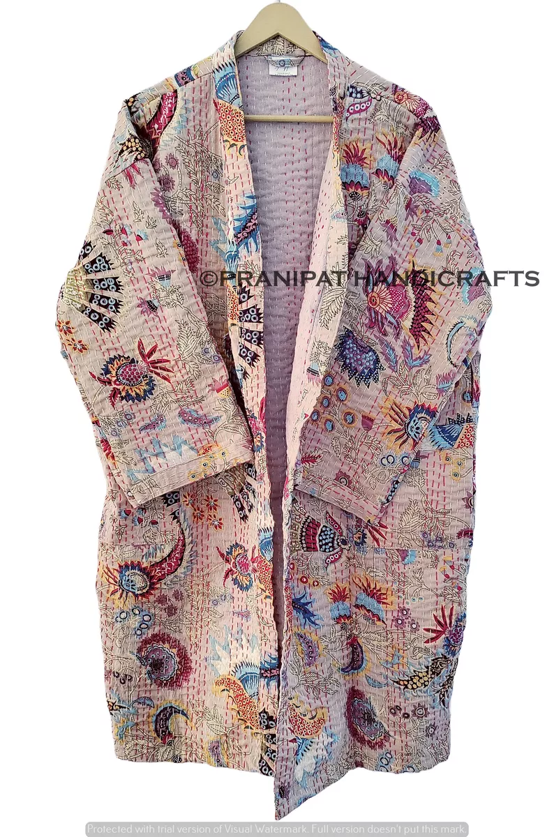 Indian Mukut Beige Print Kantha Quilted Jacket Boho Front Open