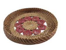 Vintage Rattan Rafia Trivet Bowl Plant Coaster Tan Orange 7" Round 1" Deep