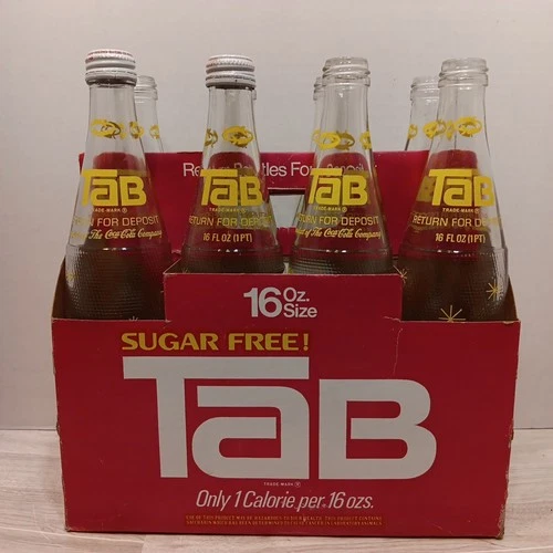 Vtg TAB Soda 8 Pack Carrier with 16oz Bottles Yellow Starburst Coca Cola 1978