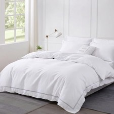 King 100 Cotton Sateen Duvet Cover Set Embroidered Border White 104x90