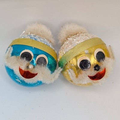 Set of 2 Vintage Fun Glitter Face Bright Shiny Glass Ball Christmas Ornaments
