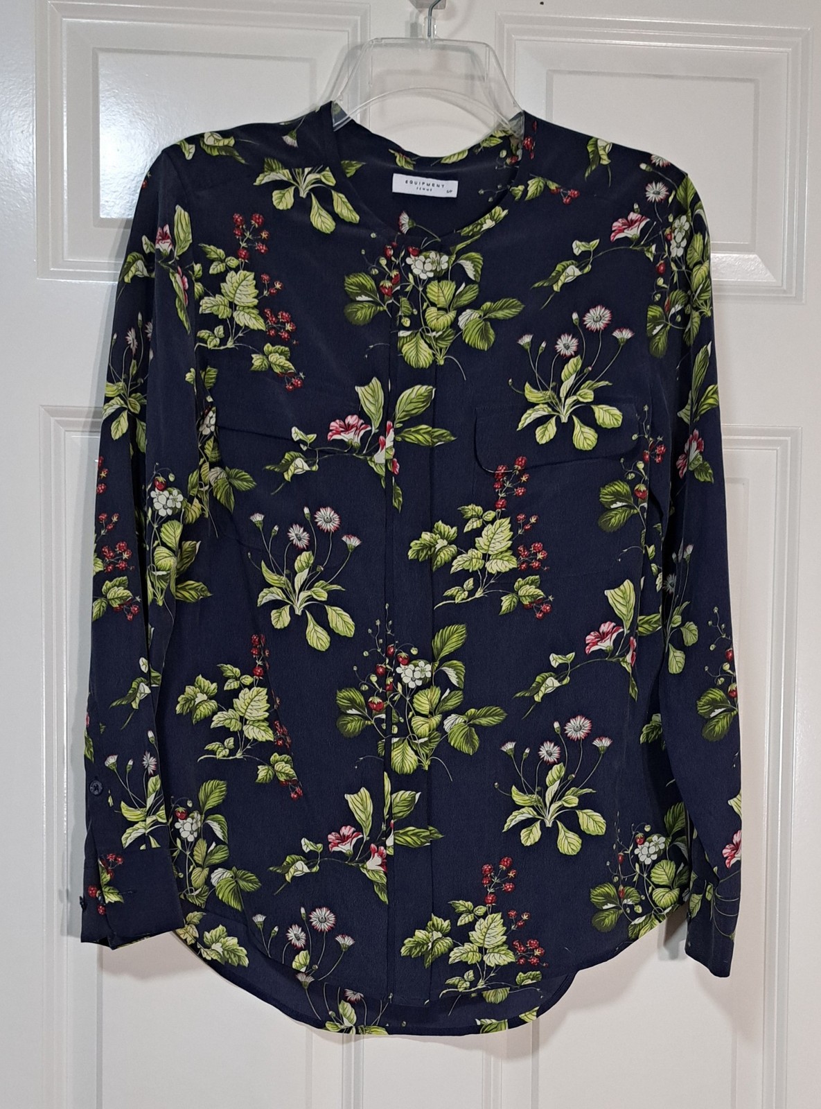 Femme Silk Blouse Top Fruit & Floral Print On Navy Blue Long Sleeve S