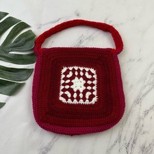 Vintage Handmade Crochet Knit Shoulder Bag Purse Red Pink Granny Square Boho Y2k