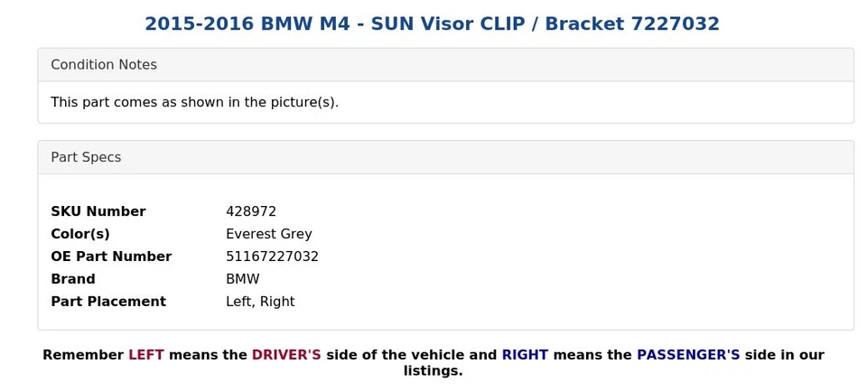 2015-2016 BMW M4 — ЗАЖИМ/кронштейн для солнцезащитного козырька 7227032 - Изображение 4 из 4