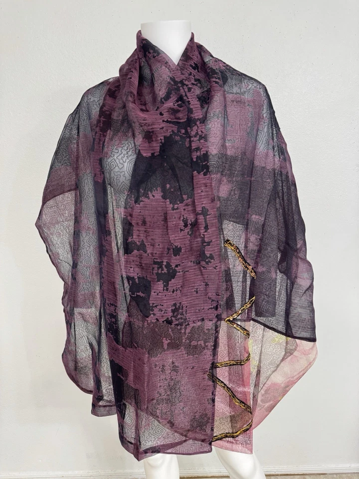 Christian Lacroix Vint. Black Chantilly Lace W Plum Silk Scarf Shawl 30” x 80” - Image 4 of 4