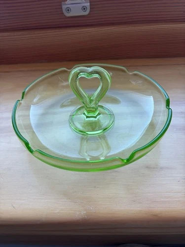 Uranium Green Depression Glass Candy Dish with Heart Handle