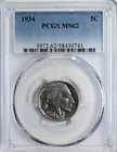 1934 5C BUFFALO NICKEL Genuine PCGS Graded MS62 Coin #3972