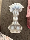 Vtg Fenton White Opalescent White Dotted Twisted Ruffled Vase