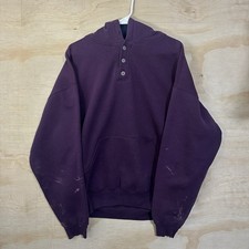 VTG Russell Athletic Hoodie Distress 2XL Purple Henley Sweatshirt Thermal USA 90