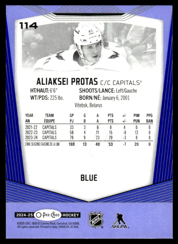 2024-25 O-Pee-Chee Blue Border Aliaksei Protas Washington Capitals #114 - Image 2 of 2